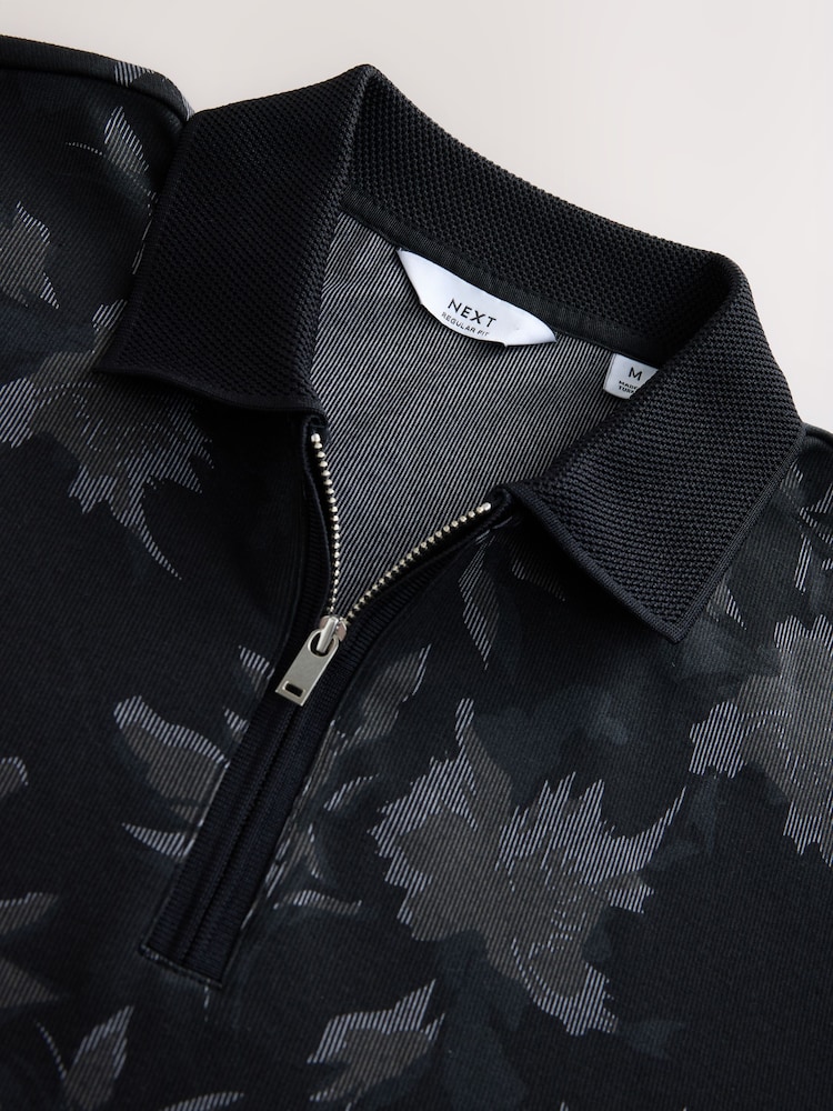 Silver/Black Party Pattern Smart Zip Neck Polo Shirt - Image 7 of 7 Silver/Black Party Pattern Smart Zip Neck Polo Shirt - Image 7 of 7