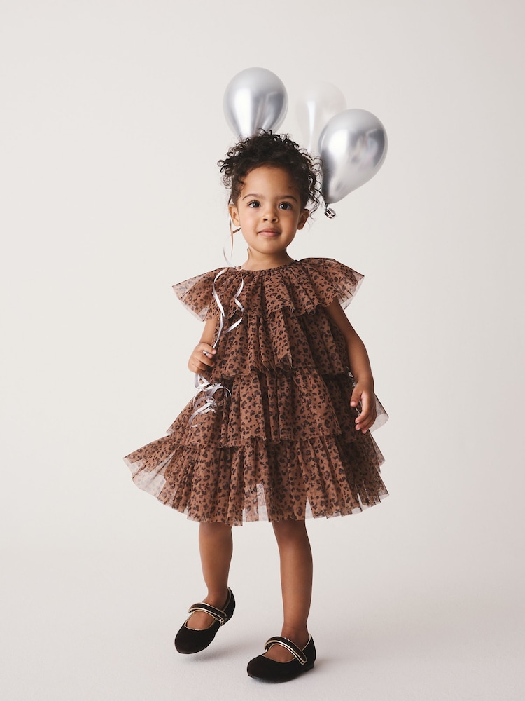 Leopard Animal Print Mesh Tiered Occasion Dress (3mths-8yrs) - Image 1 of 4 Leopard Animal Print Mesh Tiered Occasion Dress (3mths-8yrs) - Image 1 of 4