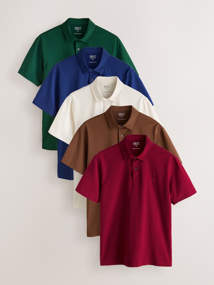 Green/Blue/Ecru/Brown/Red Regular Fit Motionflex Short Sleeve Jersey Polo Shirts 5 Pack - Image 1 of 13 Green/Blue/Ecru/Brown/Red Regular Fit Motionflex Short Sleeve Jersey Polo Shirts 5 Pack - Image 1 of 13