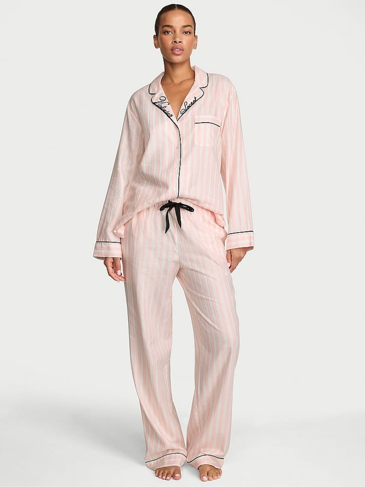 Victoria's Secret Pretty Blossom Pink Iconic Stripe Flannel Long Pyjama Set - Image 1 of 2