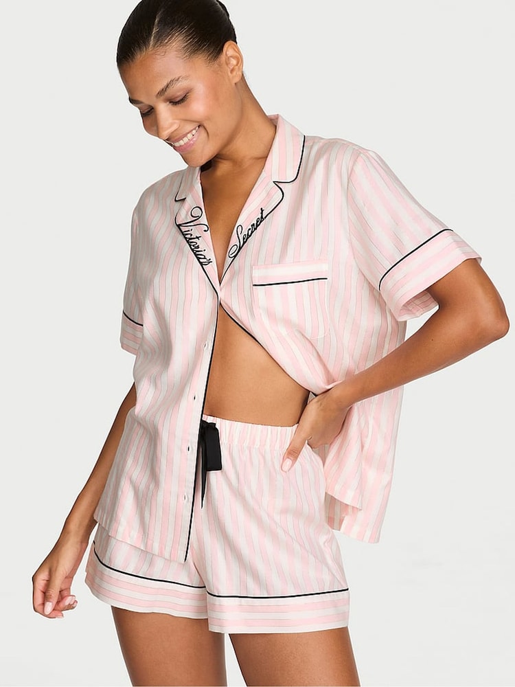 Victoria's Secret Pretty Blossom Pink Iconic Stripe Flannel Shorts Pyjama Set - Image 1 of 2