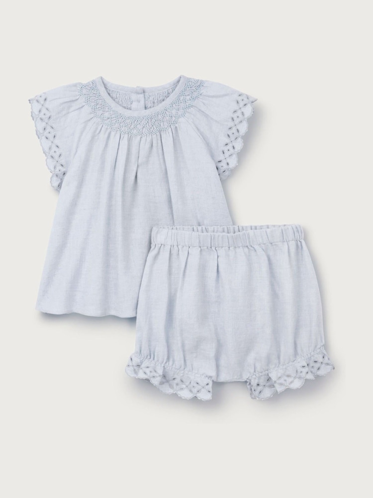 The White Company Blue Baby  Cotton Broderie Frill Blouse & Bloomer Set - Image 1 of 1