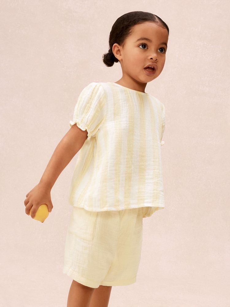 The White Company Yellow Crinkle Cotton Stripe Top & Shorts Set - Image 1 of 4