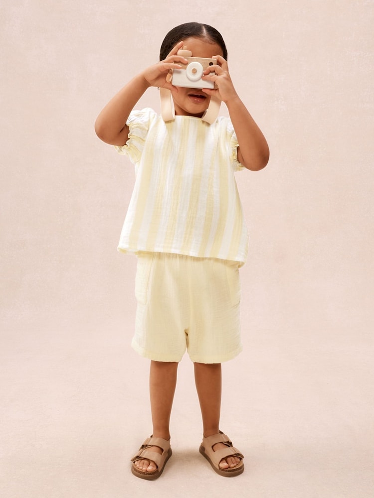 The White Company Yellow Crinkle Cotton Stripe Top & Shorts Set - Image 2 of 4