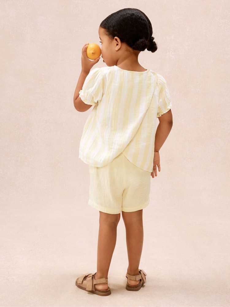 The White Company Yellow Crinkle Cotton Stripe Top & Shorts Set - Image 4 of 4