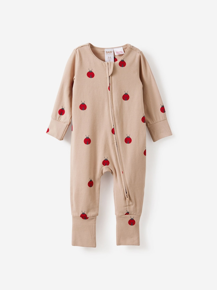 Cotton On Latte Cream/Lady Bug Long Sleeve Zip Sleepsuit - Image 1 of 3