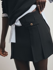 Melns - Ponte Pleated Mini Skirt with Gold Button Detailing - Attēls 2 no 5