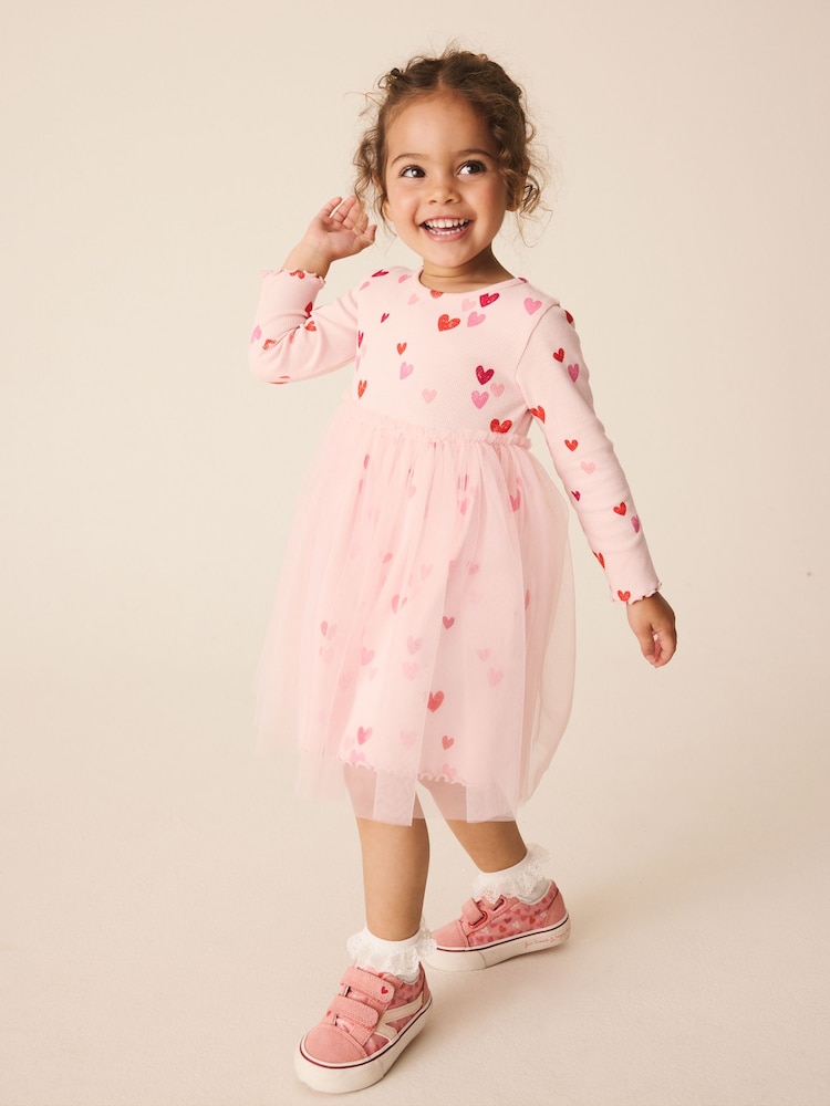 Pink Hearts Long Sleeve Ribbed Mesh Party Dress (3mths-7yrs) - Image 1 of 8 Pink Hearts Long Sleeve Ribbed Mesh Party Dress (3mths-7yrs) - Image 1 of 8