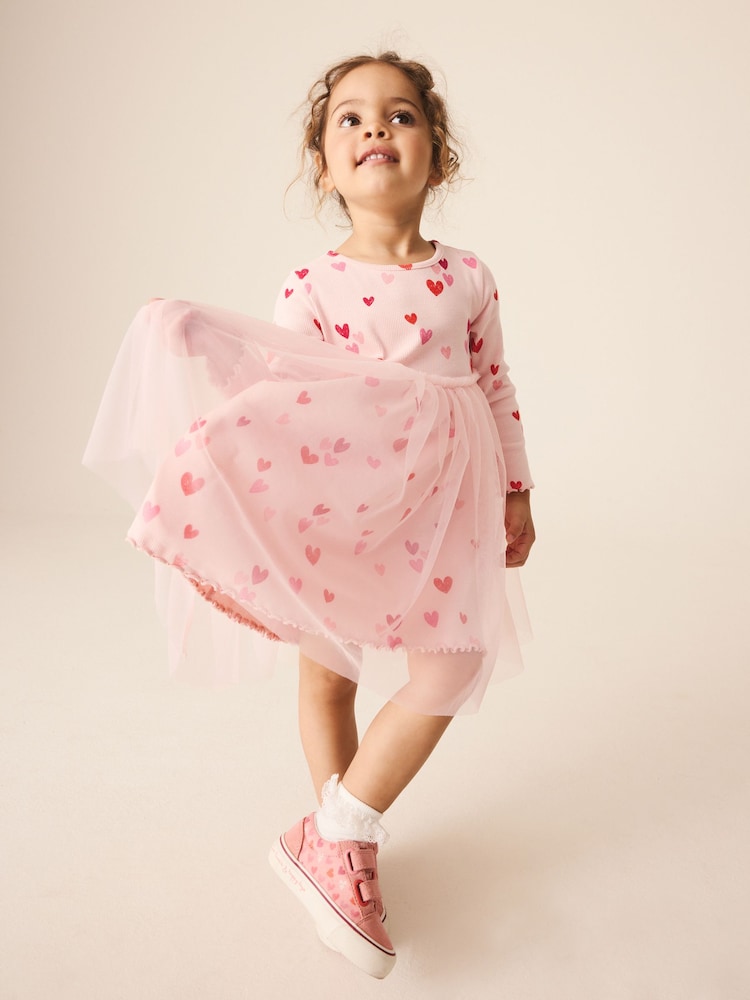 Pink Hearts Long Sleeve Ribbed Mesh Party Dress (3mths-7yrs) - Image 2 of 8 Pink Hearts Long Sleeve Ribbed Mesh Party Dress (3mths-7yrs) - Image 2 of 8