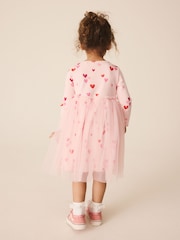 Pink Hearts Long Sleeve Ribbed Mesh Party Dress (3mths-7yrs) - Image 3 of 8