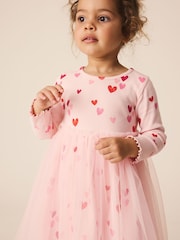 Pink Hearts Long Sleeve Ribbed Mesh Party Dress (3mths-7yrs) - Image 4 of 8