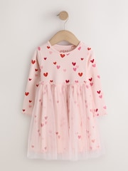 Pink Hearts Long Sleeve Ribbed Mesh Party Dress (3mths-7yrs) - Image 5 of 8