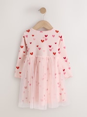 Pink Hearts Long Sleeve Ribbed Mesh Party Dress (3mths-7yrs) - Image 6 of 8