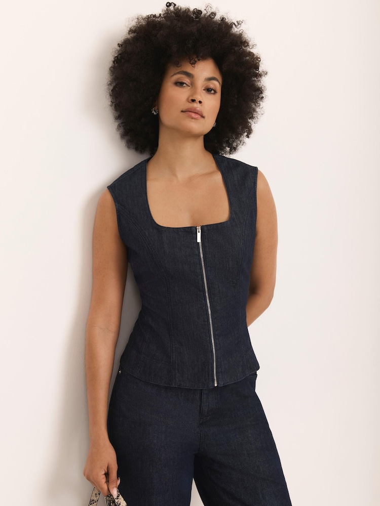 Mint Velvet Blue Denim Zip Detail Top - Image 1 of 8 Mint Velvet Blue Denim Zip Detail Top - Image 1 of 8