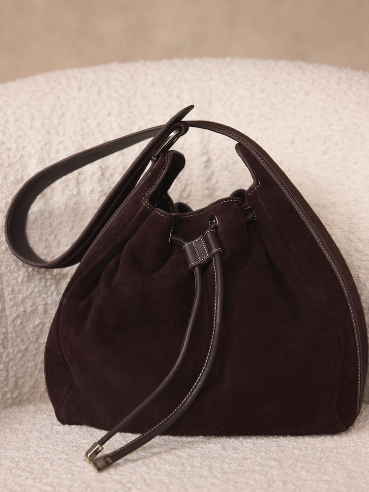 Mint Velvet Chocolate Brown Mabel Suede Bucket Bag - Image 1 of 6