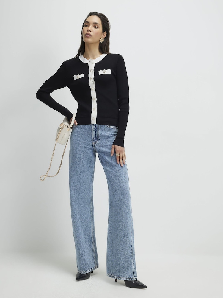 River Island Black Fitted Contrast Neat Cardigan - Image 1 of 4