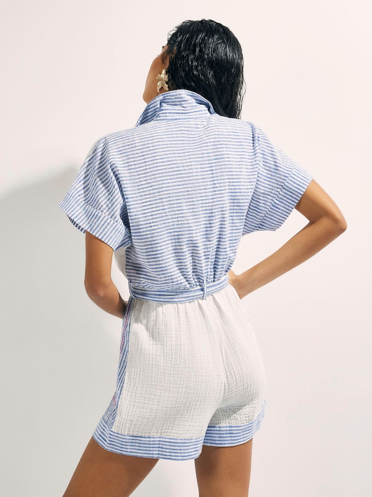 River Island White Embroidered Stripe Patchwork Playsuit - Image 2 of 4