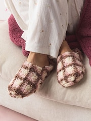 Pink/Brown Check Borg Mule Slippers - Image 1 of 4