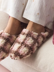 Pink/Brown Check Borg Mule Slippers - Image 2 of 4