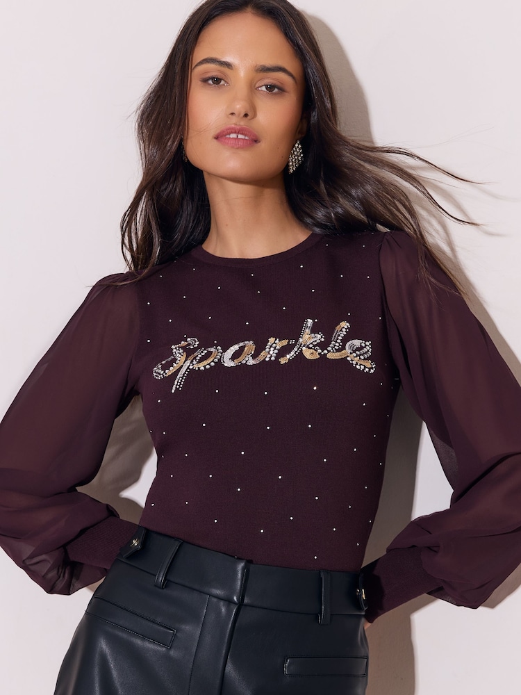 Lipsy Embellished Sparkle Knit / Chiffon Sleeve Jumper - Imagen 1 de 4