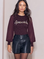 Lipsy Embellished Sparkle Knit / Chiffon Sleeve Jumper - Imagen 3 de 4