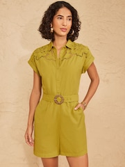 Love & Roses Lime Green Linen Cutwork Playsuit - Image 1 of 4