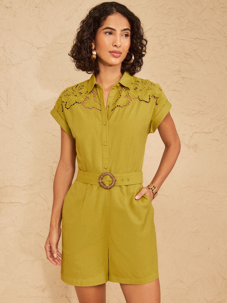 Love & Roses Lime Green Linen Cutwork Playsuit - Image 1 of 4