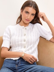 Lipsy Cream Pointelle Detail Short Sleeve Knitted Cardigan - Image 2 of 5