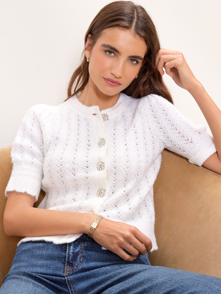 Lipsy Cream Pointelle Detail Short Sleeve Knitted Cardigan - Image 2 of 5 Lipsy Cream Pointelle Detail Short Sleeve Knitted Cardigan - Image 2 of 5