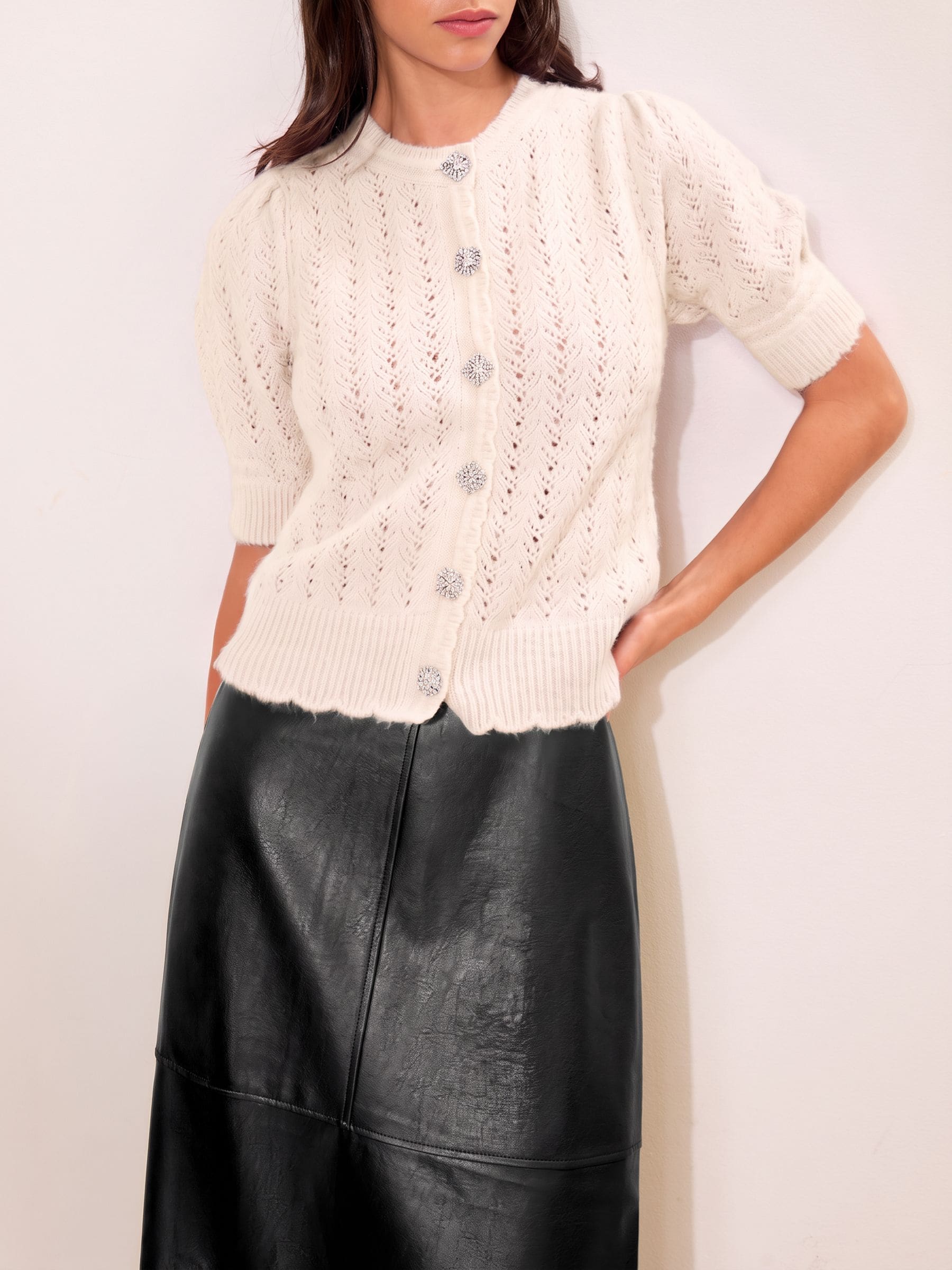 Buy Lipsy Cream Pointelle Detail Short Sleeve Knitted Cardigan