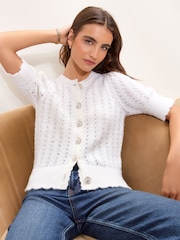 Lipsy Cream Pointelle Detail Short Sleeve Knitted Cardigan - Image 3 of 5