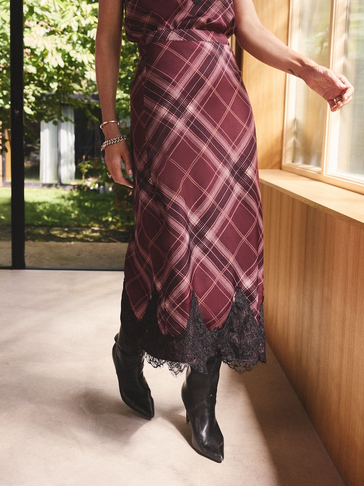 Love & Roses X Binky Burgundy Check Satin Lace Trim Midi Skirt - Image 1 of 4