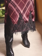 Love & Roses X Binky Burgundy Check Satin Lace Trim Midi Skirt - Image 3 of 4