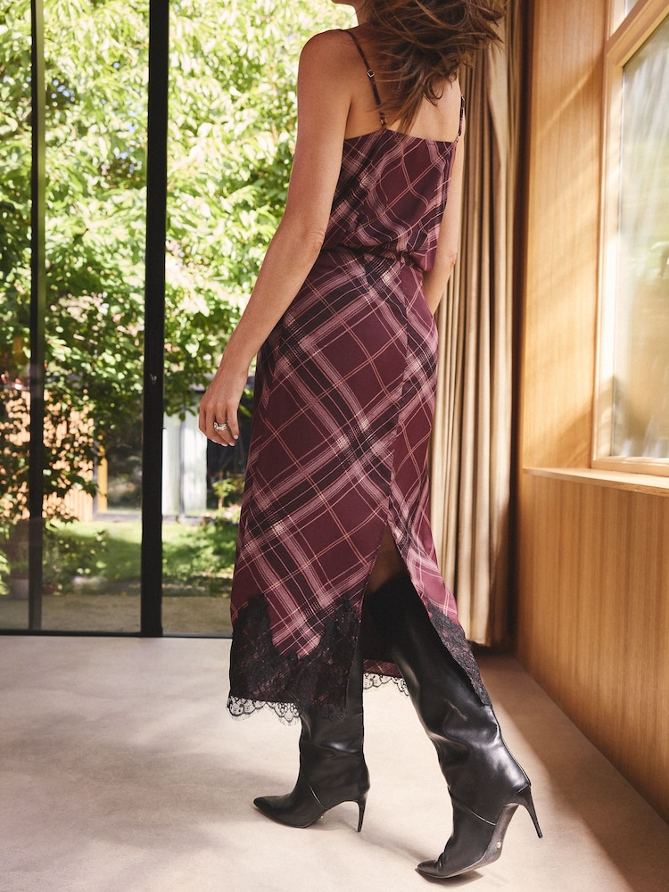 Love & Roses X Binky Burgundy Check Satin Lace Trim Midi Skirt - Image 4 of 4