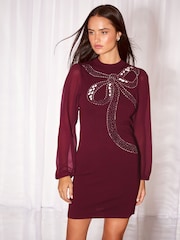 Lipsy Burgundy Red Embellished Bow Detail Knit / Chiffon Sleeve Mini Dress - Image 1 of 5