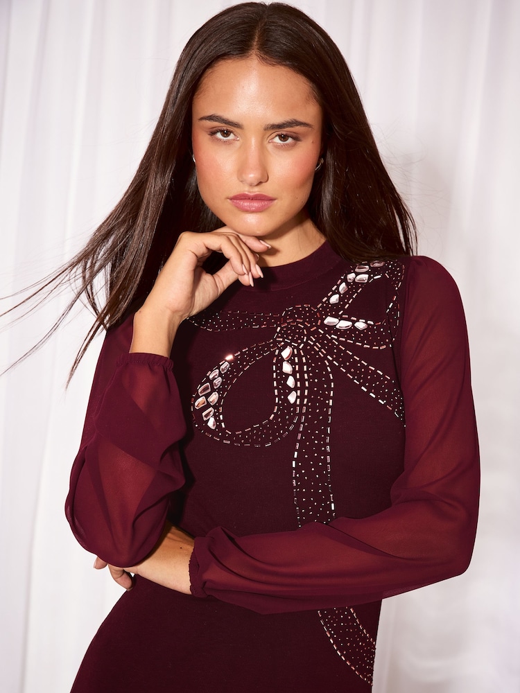 Lipsy Burgundy Red Embellished Bow Detail Knit / Chiffon Sleeve Mini Dress - Image 2 of 5