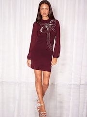 Lipsy Burgundy Red Embellished Bow Detail Knit / Chiffon Sleeve Mini Dress - Image 3 of 5