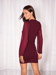 Lipsy Burgundy Red Embellished Bow Detail Knit / Chiffon Sleeve Mini Dress - Image 4 of 5
