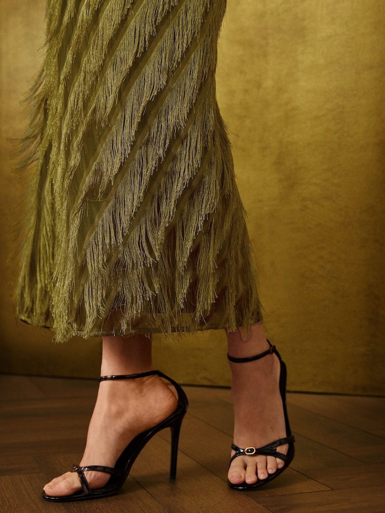 Love & Roses Olive Green Fringe Midi Skirt - Image 2 of 5