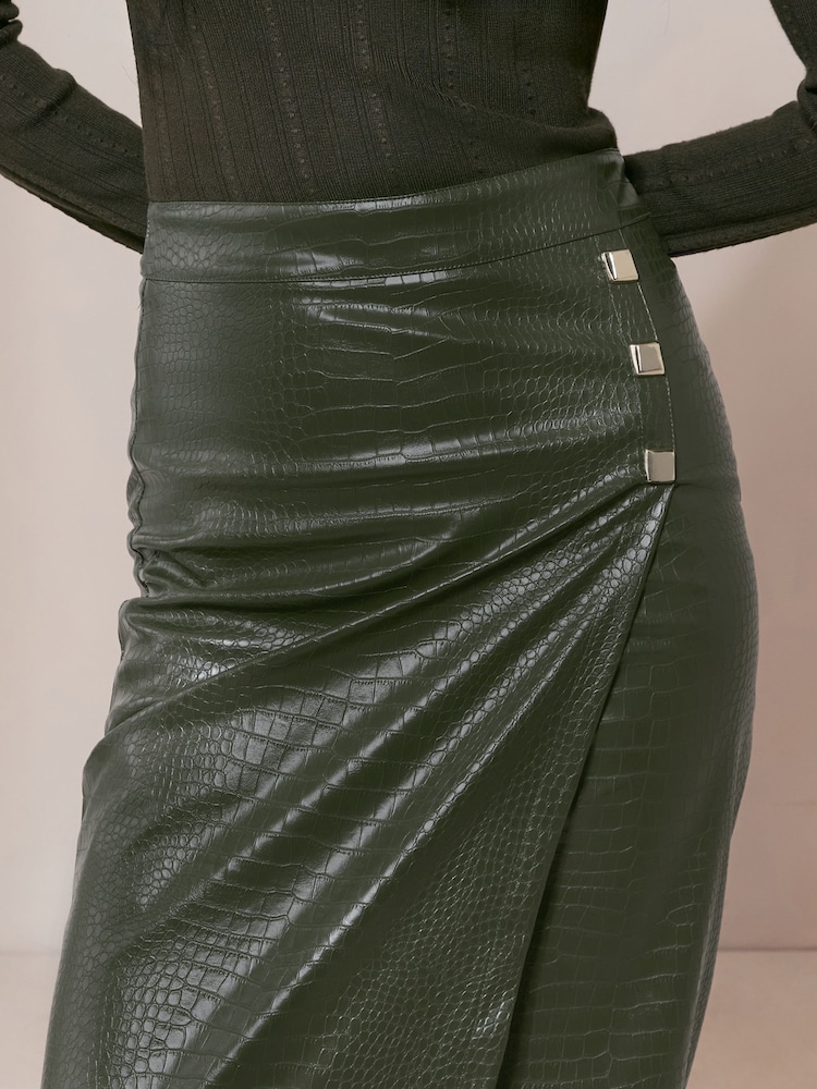 Lipsy Olive Green PU Knitted 2 in 1 Midi Dress - Image 2 of 5