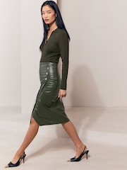 Lipsy Olive Green PU Knitted 2 in 1 Midi Dress - Image 3 of 5