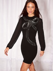 Lipsy Black Petite Embellished Bow Detail Knit / Chiffon Sleeve Mini Dress - Image 1 of 5
