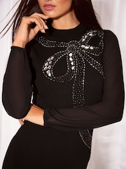 Lipsy Black Petite Embellished Bow Detail Knit / Chiffon Sleeve Mini Dress - Image 2 of 5