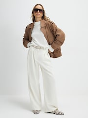 River Island Cream High Waisted Belted Wide Leg Trousers - Image 1 of 4
