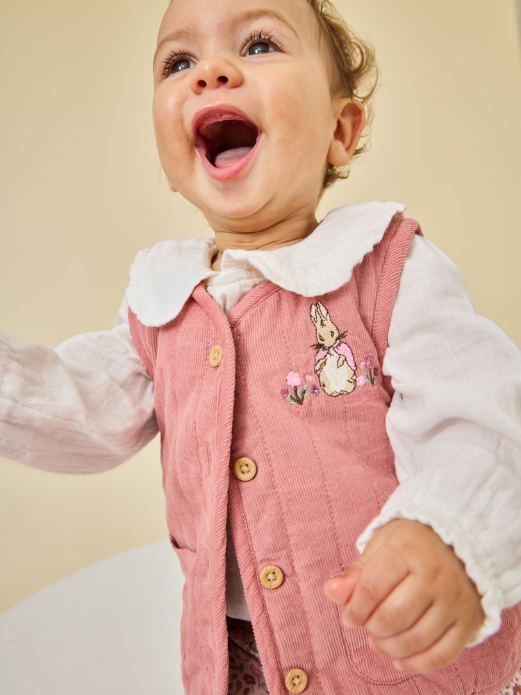 JoJo Maman Bébé Rose Pink Peter Rabbit Flopsy Bunny Blouse, Legging & Gilet Baby Set - Image 1 of 11 JoJo Maman Bébé Rose Pink Peter Rabbit Flopsy Bunny Blouse, Legging & Gilet Baby Set - Image 1 of 11