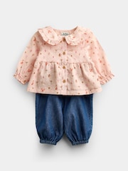 JoJo Maman Bébé Pale Pink Woodland Baby Blouse & Chambray Trouser Set - Image 1 of 7
