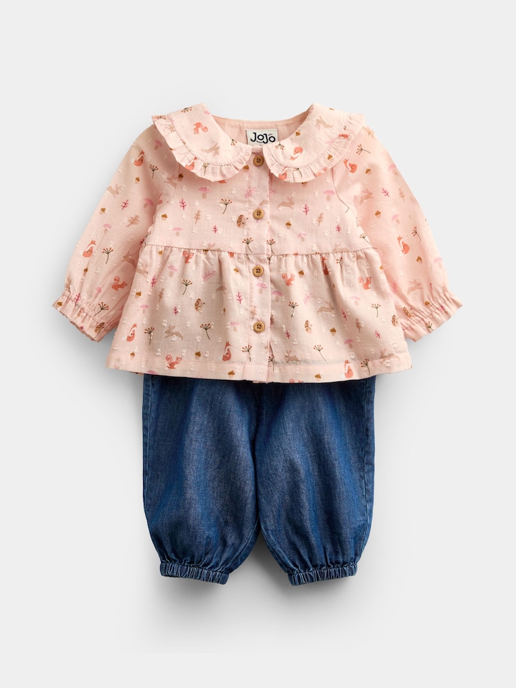 JoJo Maman Bébé Pale Pink Woodland Baby Blouse & Chambray Trouser Set - Image 1 of 7 JoJo Maman Bébé Pale Pink Woodland Baby Blouse & Chambray Trouser Set - Image 1 of 7