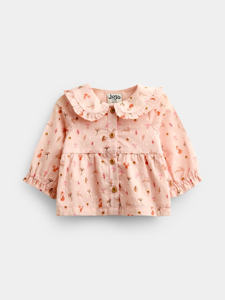 JoJo Maman Bébé Pale Pink Woodland Baby Blouse & Chambray Trouser Set - Image 2 of 7 JoJo Maman Bébé Pale Pink Woodland Baby Blouse & Chambray Trouser Set - Image 2 of 7