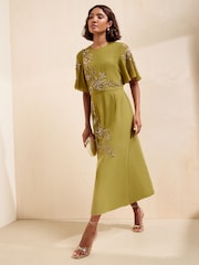 Friends Like These Green Petite Embellished Detail Short Sleeve Midi Dress - Image 5 of 6