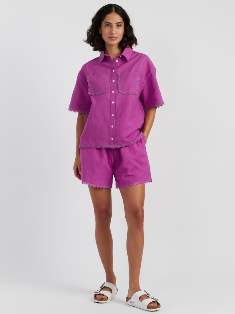 Chinti & Parker Pink Linen Blend Scallop Edge Shorts - Image 1 of 3 Chinti & Parker Pink Linen Blend Scallop Edge Shorts - Image 1 of 3